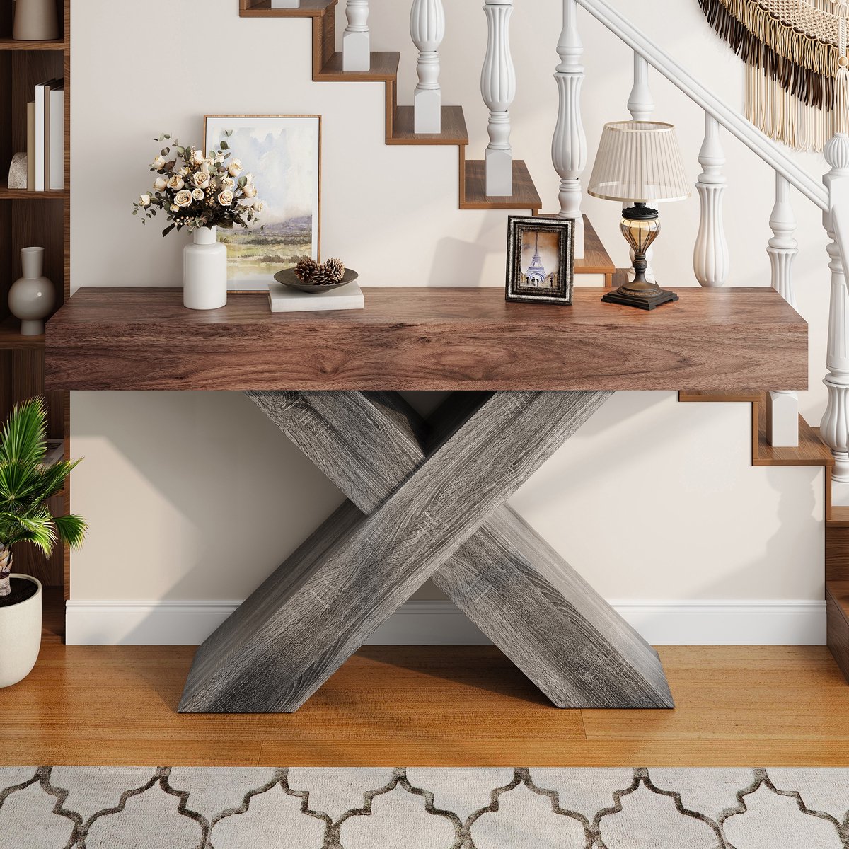 PHOEBE CAT Console - Bijzettafel - Haltafel - X-poten - Houtlook - Spaanplaat - Walnoot + Grijs
