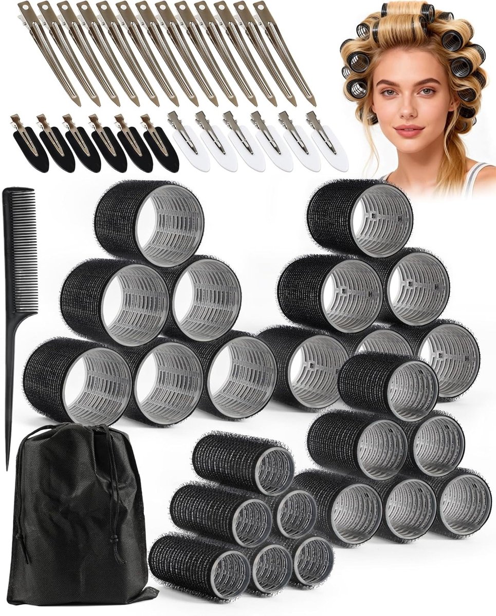Grote Haarrollers met Clips - 50 Stuks Zelfklevende Haarrollers voor Volume en Krullen - 4 Maten (60/48/36/25mm) Geschikt voor Lang en Kort Haar - Inclusief Puntkam en Opbergtas voor Gemakkelijk Gebruik