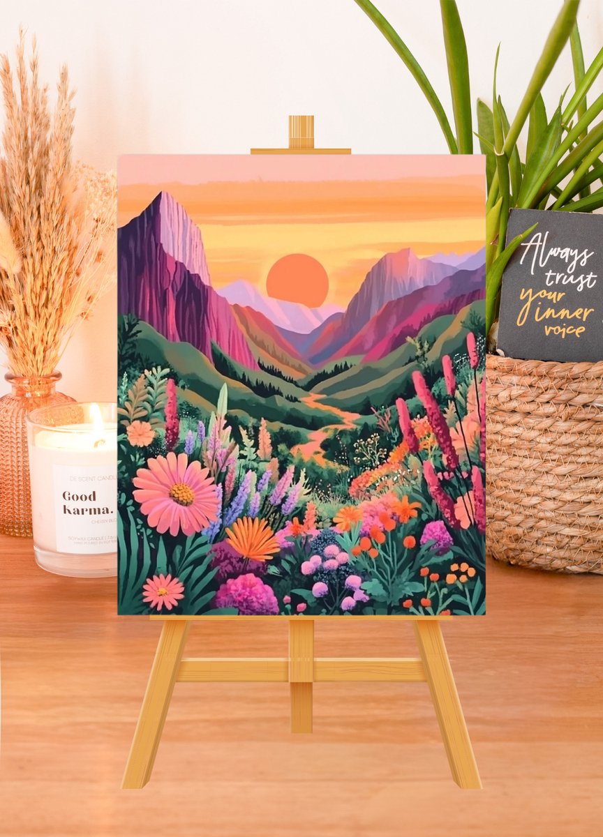 MET FRAME - Paint by numbers Volwassenen – schilderen op nummer – Creatieve hobby – Ontspanning thuis – Cadeau idee – Compleet pakket – DIY decoratie – Landschap – Zacht kleurenpalet – Golden Path Between Hills — afbeelding 2