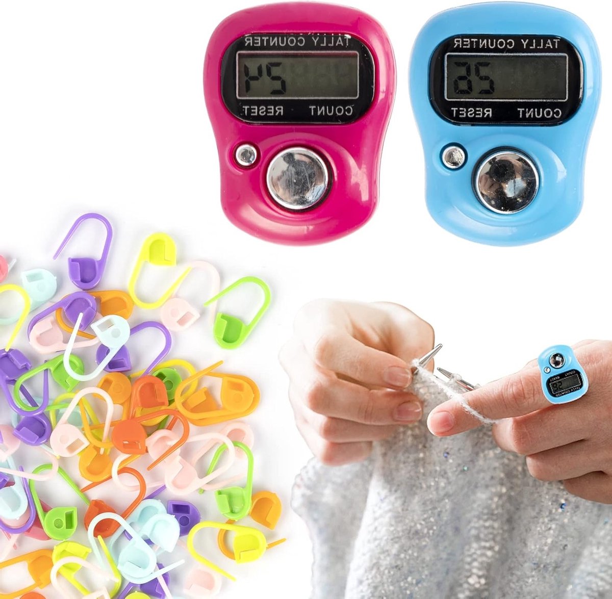 Digitale vinger teller set met 60 kleurrijke breimarkers en haaksluiting voor naaien en breien, hand clicker en telmachine