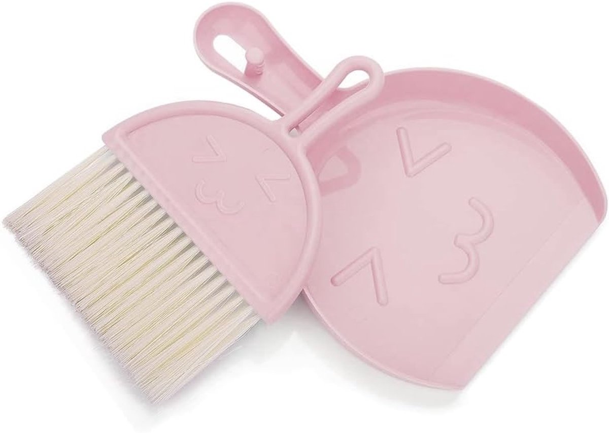 Ulisem - Mini stoffer en blik set - kleine bezem en stoffer schoonmaakset - draagbare tafelborstelset - roze - gemakkelijk te gebruiken