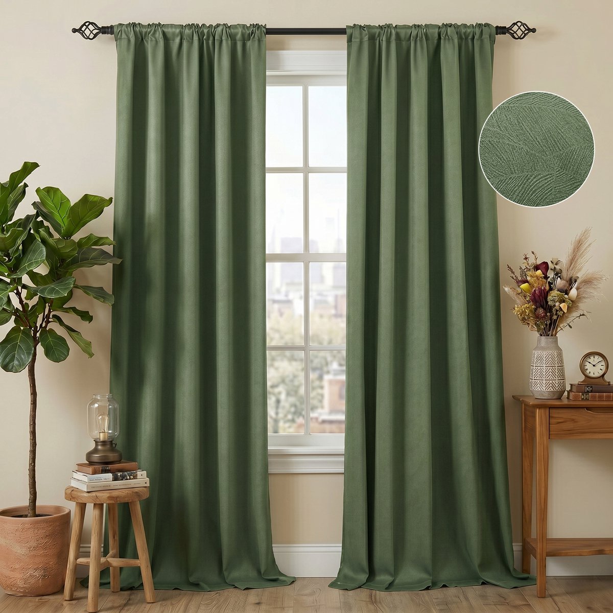 Qelus Luxury Embossed Verduisterende Gordijnen Kant-en-klaar (2-panelen) – 310GSM Dik - 85% Lichtdicht - Thermisch Isolerend Blackout Overgordijnen – voor Slaapkamer & Woonkamer - 132x274cm - Groen