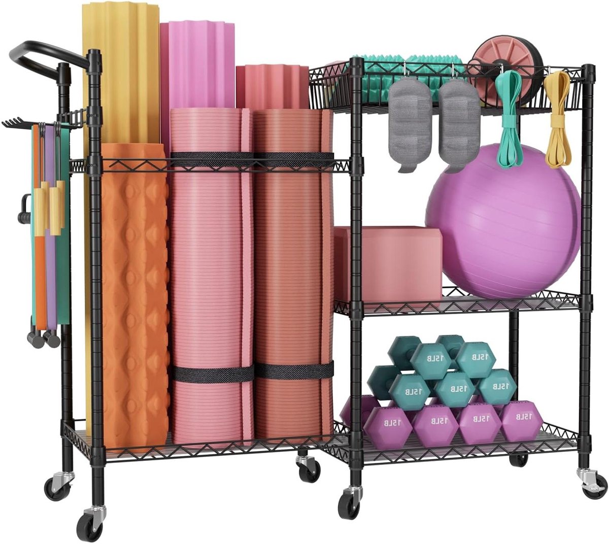 Fitness opberger - Sportrek met wielen - Sportspullen organiseren - Grote capaciteit - 106.7 cm breed - Zwart