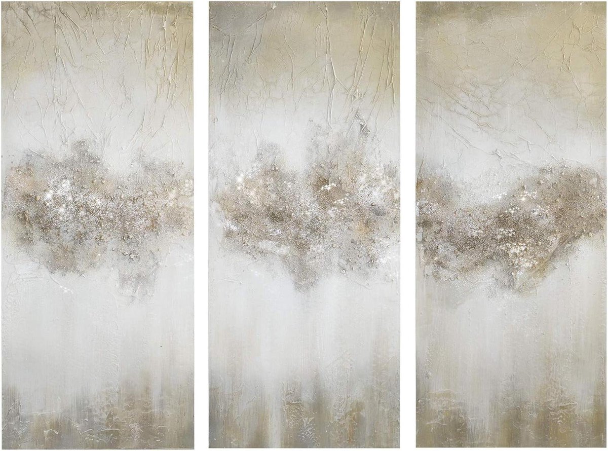 Wanddecoratie Canvas Set - Abstract Kunstwerk - Woonkamer Decoratie - Handgeschilderd 3-delig - 35" Hoog - Taupe Blauw