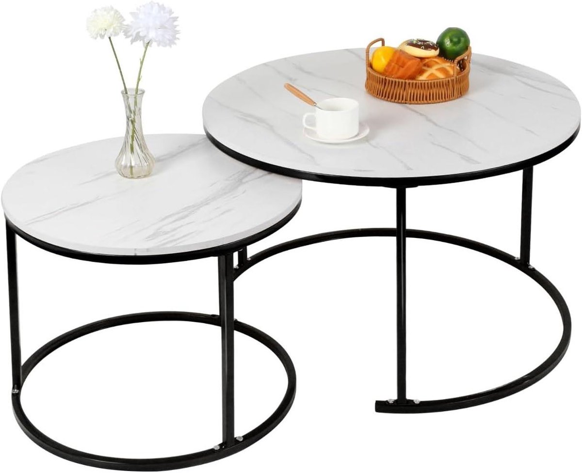 Set salontafels - Bijzettafels rond - Woonkamer inrichten - Stapelbaar design - 70 en 50 cm - Zwart wit