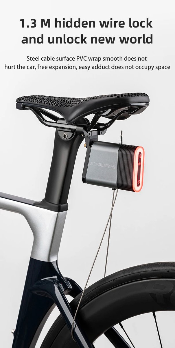 ROCKBROS Slim fietsachterlicht met slot - geïntegreerd kabelslot - USB-C oplaadbaar - IPX6 waterdicht - 5 standen - voor racefiets, e-bike, step - zwart — afbeelding 4