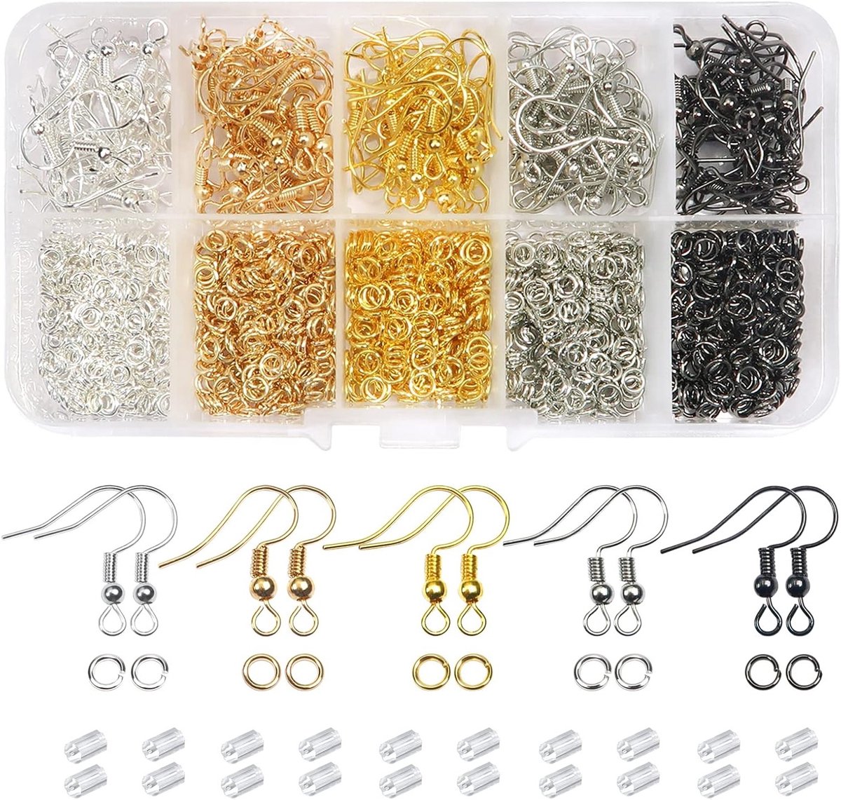 1150 Stuks Oorbellen Haakjes met Ballen en Open Ringen in 5 Kleuren - Inclusief 200 Sluitingen voor DIY Sieraden maken