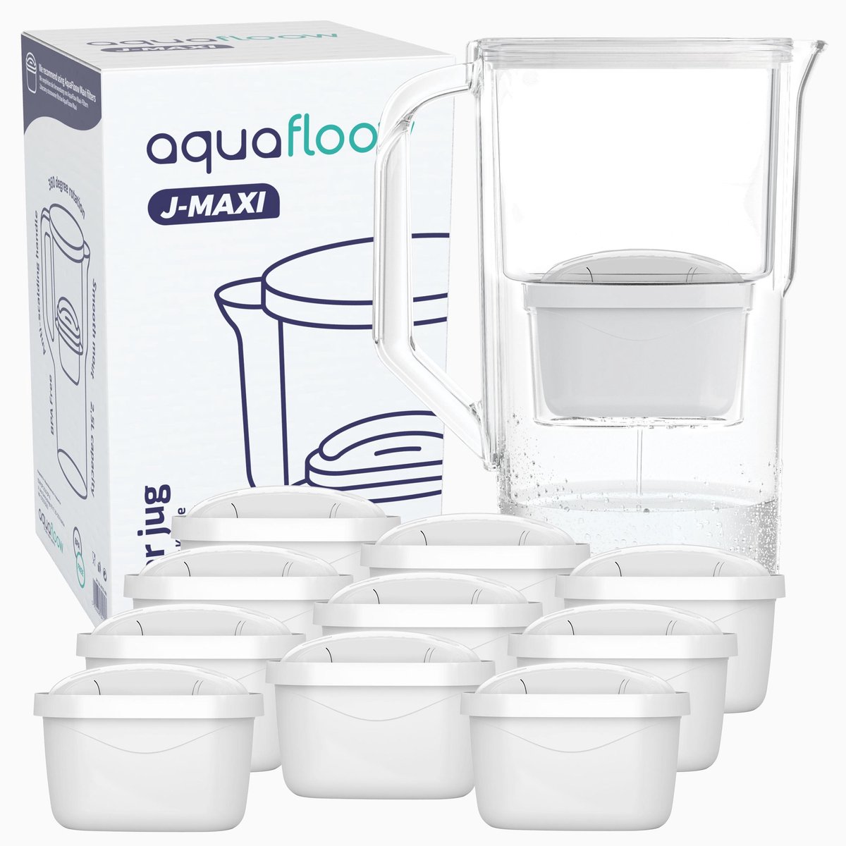 AquaFloow Waterfilterkan AquaFloow J-MAXI 2,5L - kunststof - vermindert chloor, kalkaanslag en onzuiverheden - set met 10x waterfilters AquaFloow Maxi - wit