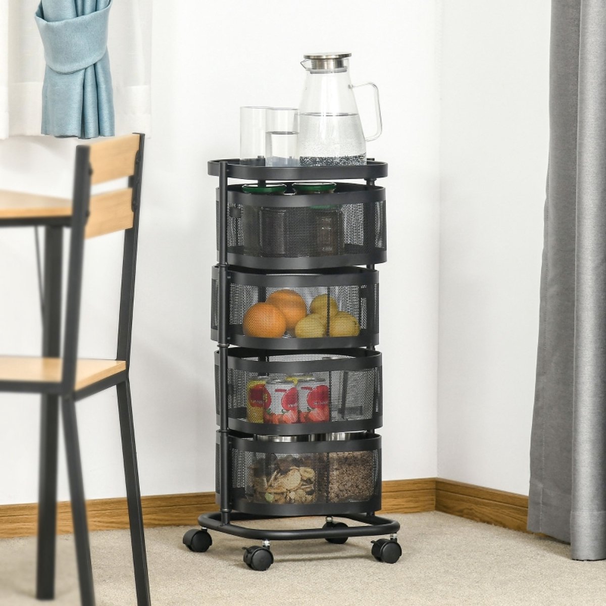 MIVRAY Opbergwagen - Vier Niveaus Met Draadmanden En Wielen - Voor Keuken En Badkamer - Staal - 33 x 33 x 77 Cm - Zwart