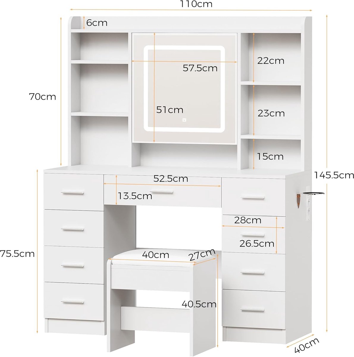 Make-uptafel met LED Spiegel en Kruk – ABTkantoor Luxe Vanity Tafel Wit 110x40x145 cm – 9 Laden, 7 Planken, Stopcontact, USB, Dimbare Verlichting