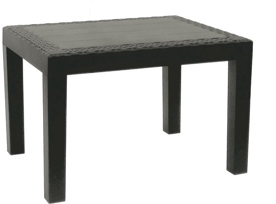 Antracietkleurig vierkant tafeltje met een gevlochten rand en een geribbeld tafelblad.