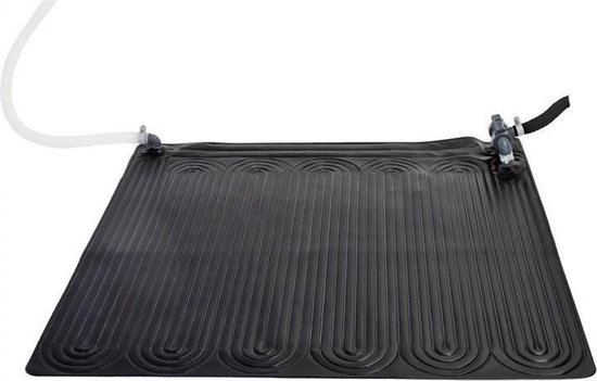Zwarte Intex solar mat met verticale ribbels en flexibele aansluitingen aan de zijkant.
