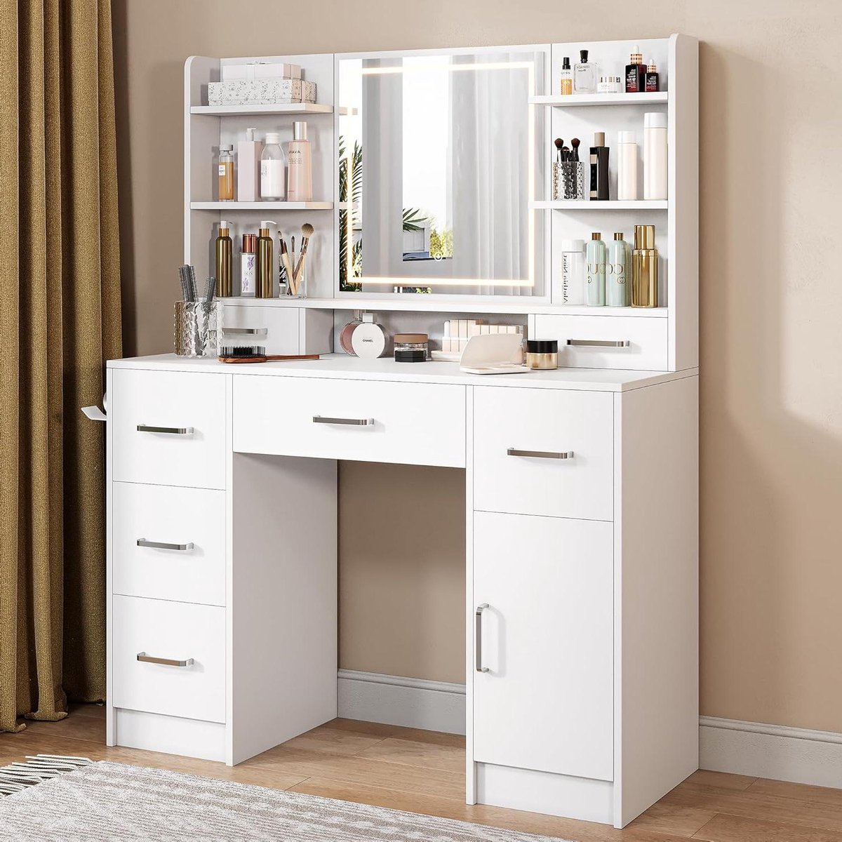 Make-uptafel met Spiegel - Kaptafel Vrouwen - Make-up Opbergen - Geïntegreerd Laadstation - 110 x 40 x 140 cm - Wit