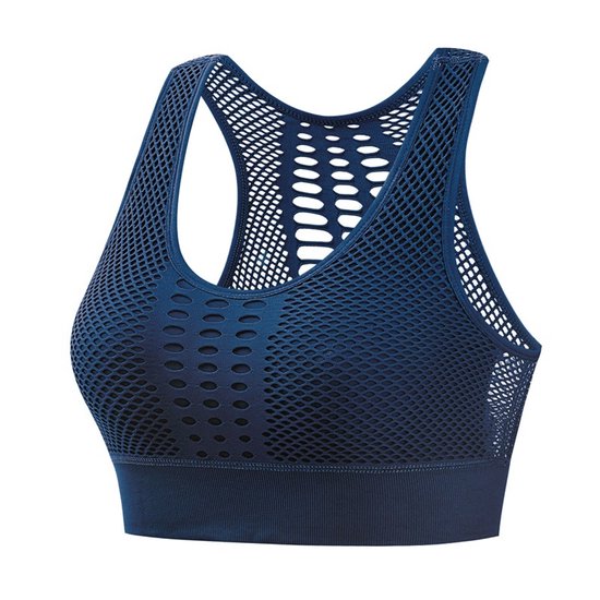 Donkerblauwe sportbeha met racerback, honingraatpatroon en verstevigde band.