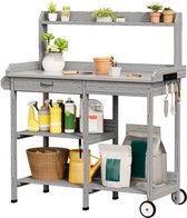Xbro Tuinkast met Waterdicht Werkblad en Opbergvakken – Plantentafel met Lade, Haken & Wielen – Voor Binnen & Buiten – Houten Opbergkast voor Tuin & Balkon – 112 x 43 x 120 cm,Grijs