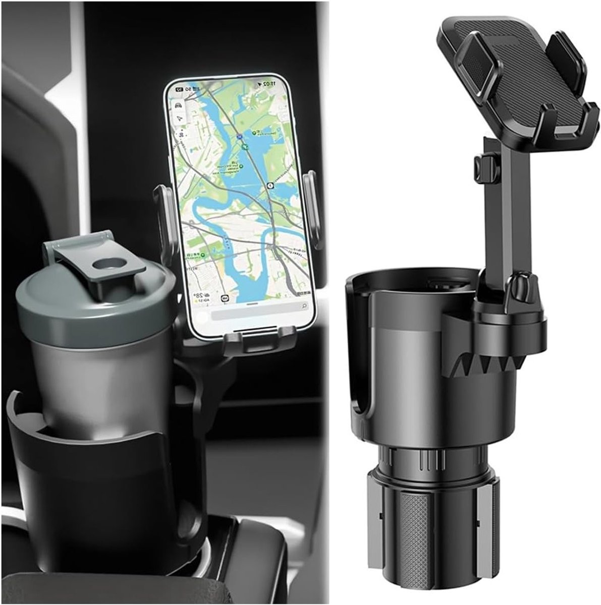 Verstelbare Auto Cup Holder met 360° Rotatie en Smartphone Houder, 2-in-1 Oplossing voor Auto Accessoires