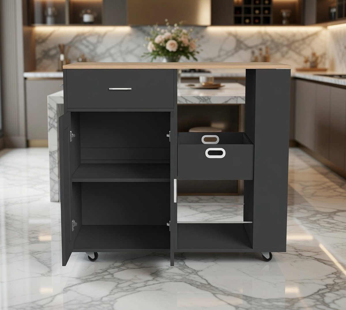 Luxe Keukentrolley met Eiken Werkblad - 102x46x92 cm - Zwart - Werkblad 102x46x92 cm – Verrijdbaar - Medahomestore