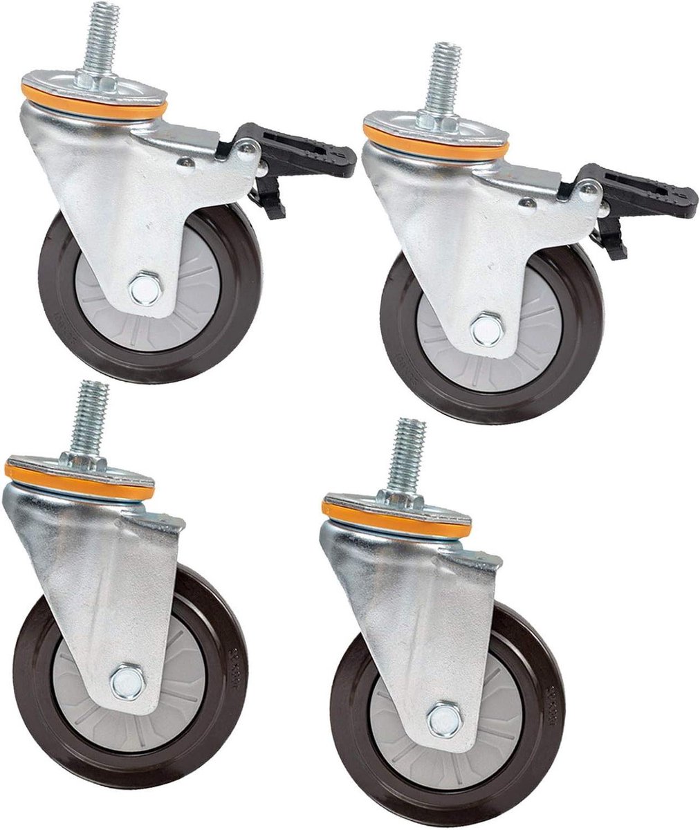 Zwenkwielen Set - Meubelwielen Met Rem - Meubels Verplaatsen - Stille Rubberen Wielen - 4 Stuks M16 - Zwart