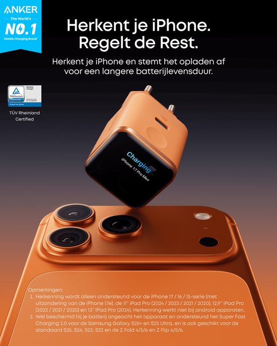 Een oranje Anker 45W lader laadt een iPhone 17 Pro Max op. "Anker The World's No.1" staat bovenaan.