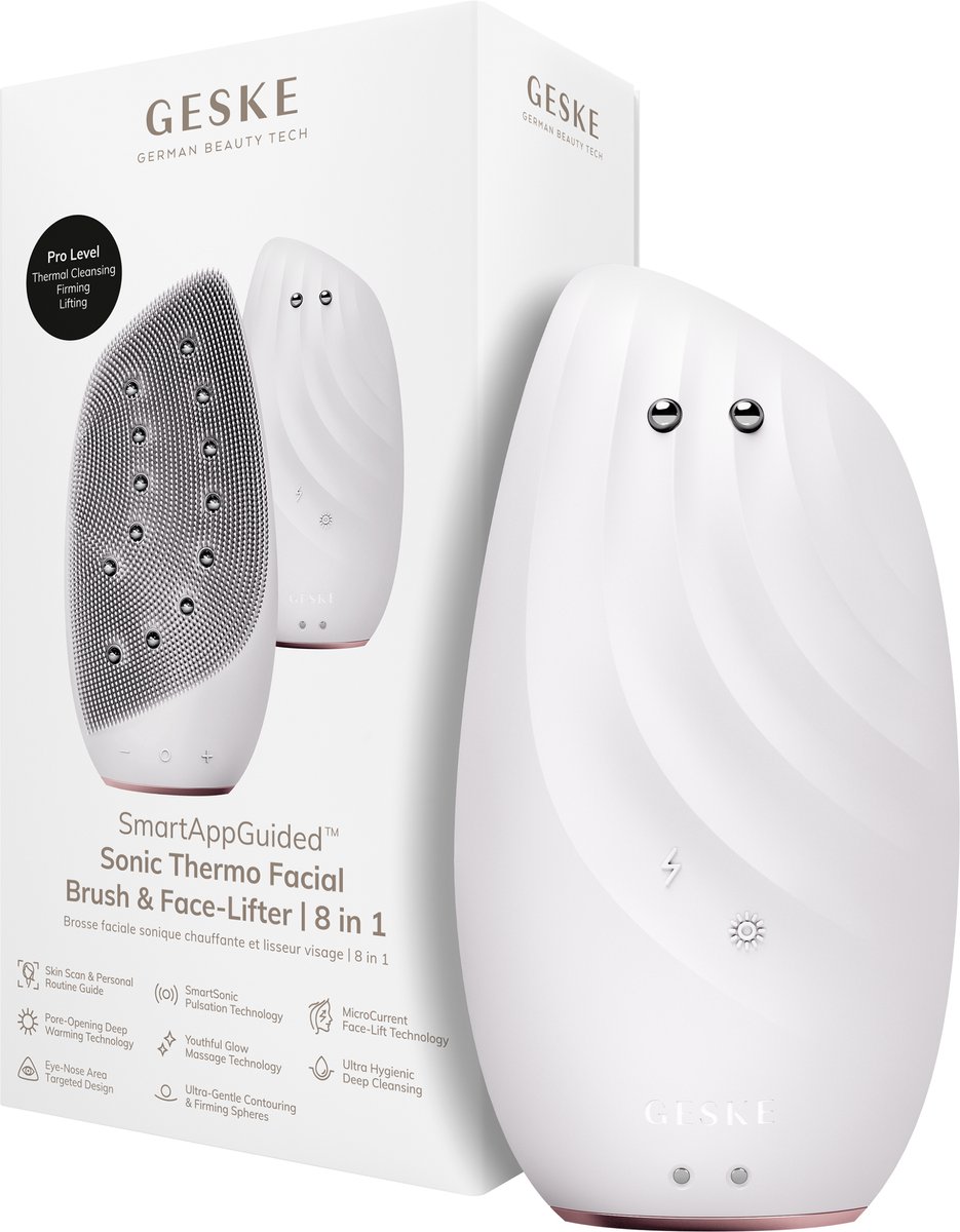 GESKE | SmartAppGuided™ Sonic Thermo Facial Brush & Face-Lifter | 8 in 1 | Huidreiniging & anti-rimpel | Siliconen elektrische reinigingsborstel | Gezichtsmassager | Reiniging & anti-aging