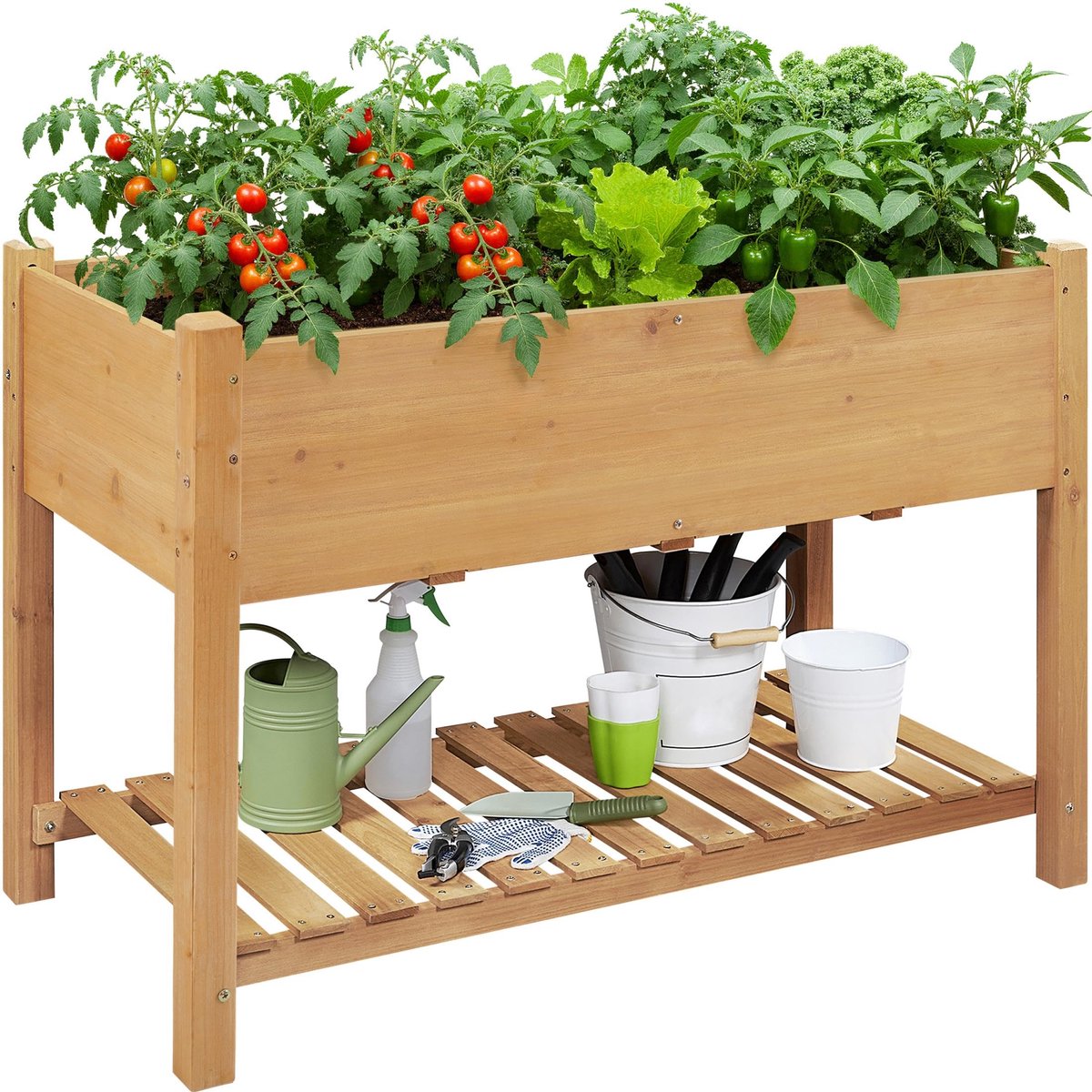 Yaheetech Verhoogd bloembed voor tuin, plantenbak met praktische plank, kruidenbak, hout, bloembak, kweekbed in de tuin, grote aanplantruimte, bloembakken, 119 x 57 x 80 cm