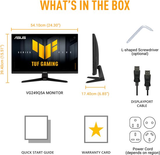 Inhoud van de doos: ASUS VG249Q5A monitor, L-vormige schroevendraaier, DisplayPort kabel, snelstartgids, garantiekaart, stroomkabel.