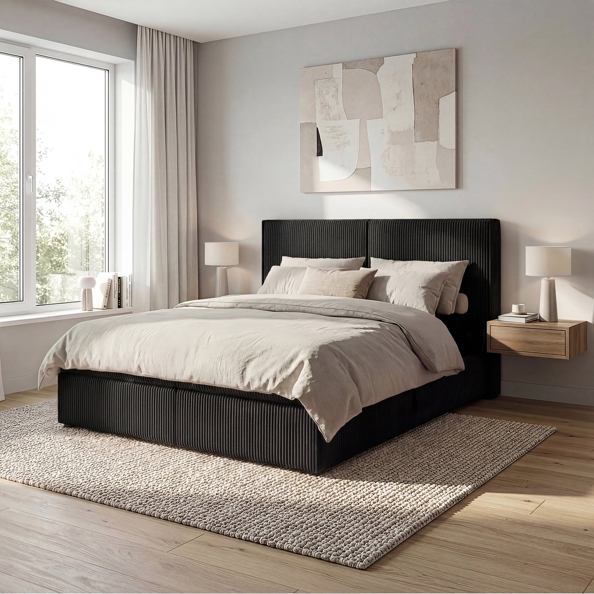 Meubella - Iro - Boxspring met opbergruimte - Ribstof zwart 160x200 cm