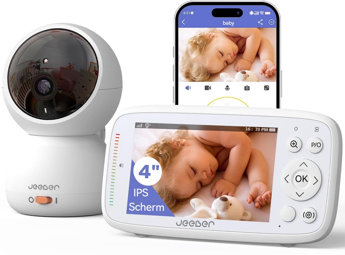 Wifi Babyfoon met Camera en Audio - Pan-Tilt-Zoom-Videocamera - 4-Inch IPS-Scherm - HD-Nachtzicht - Bewegings & Huilherkenning - 360°-Beeld - Temperatuursensor - Voedingsherinnering - Slaapliedjes