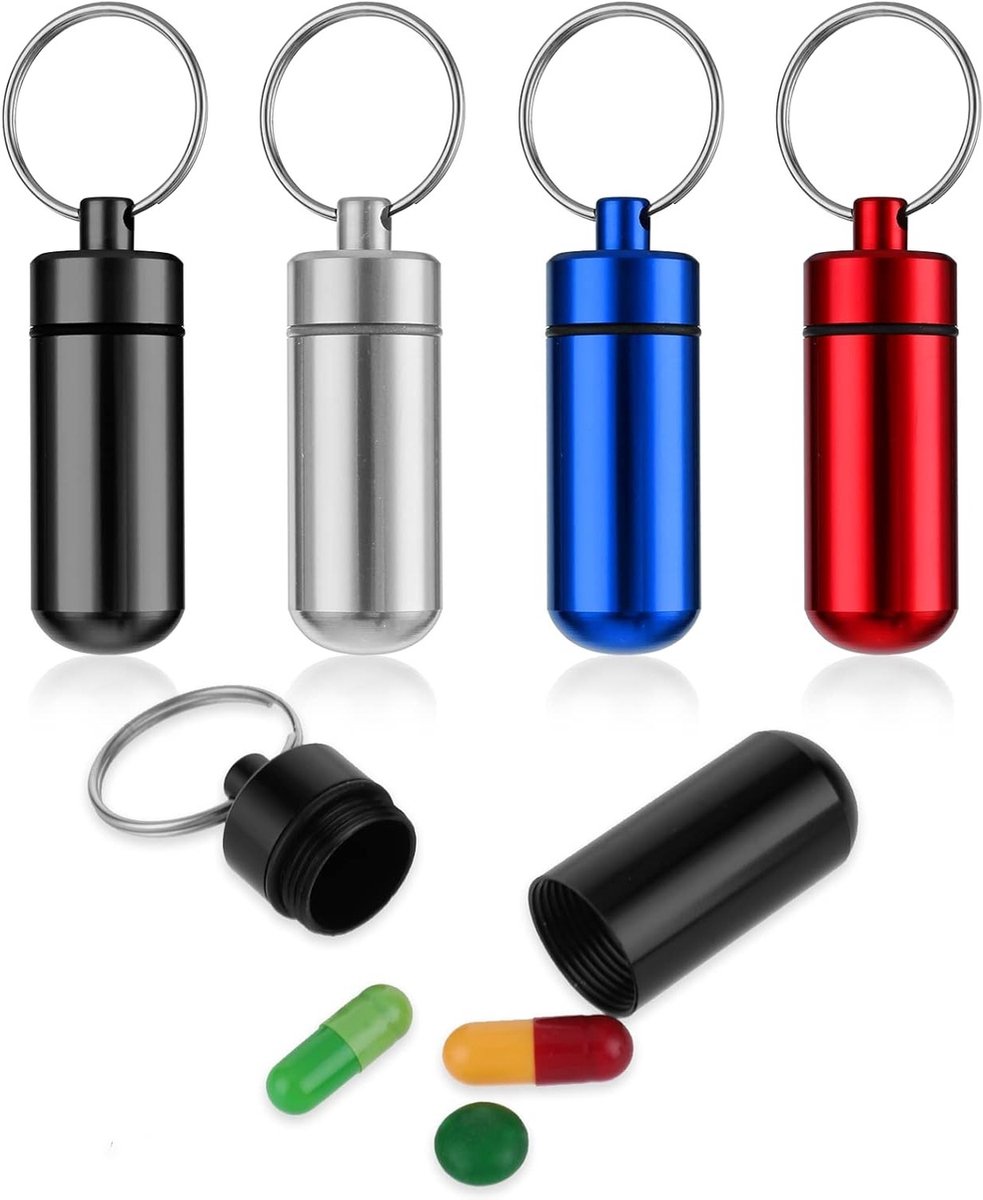 4-delige Pillendoos Sleutelhanger - Kleine Waterdichte Tablet Box voor Reizen, Camping en Outdoor Activiteiten