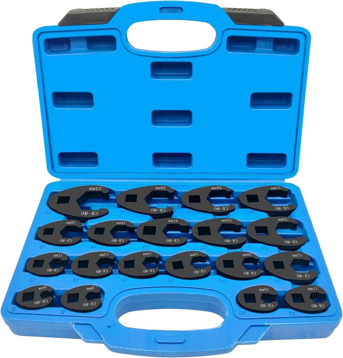 19-delige 3/8" en 1/2" Drive Crowfoot Flare Moersleutel Set, 8-32mm Metrisch, Chroom Molybdeen Staal, Open Eind Sleutelset voor Tensioners en Moeren