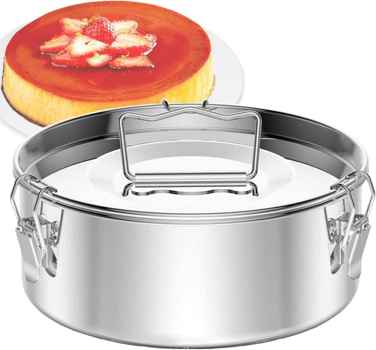 Flan Pan - Flanera Mold - Gebak Maken - Met Deksel en Sluitingen - 20 cm Diameter - Zilver