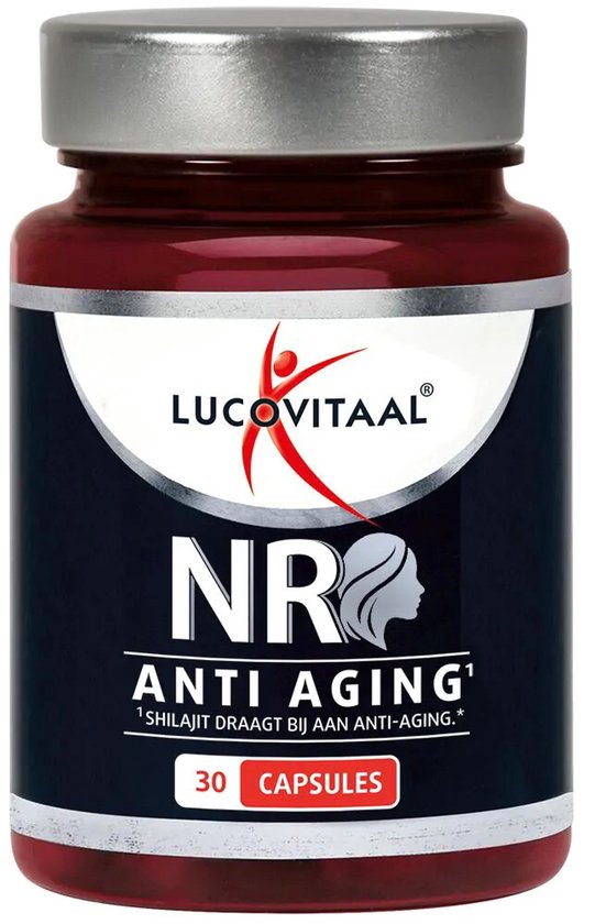 Lucovitaal NR Anti Aging pot met capsule, tekst en een icoon van een vrouwenprofiel.