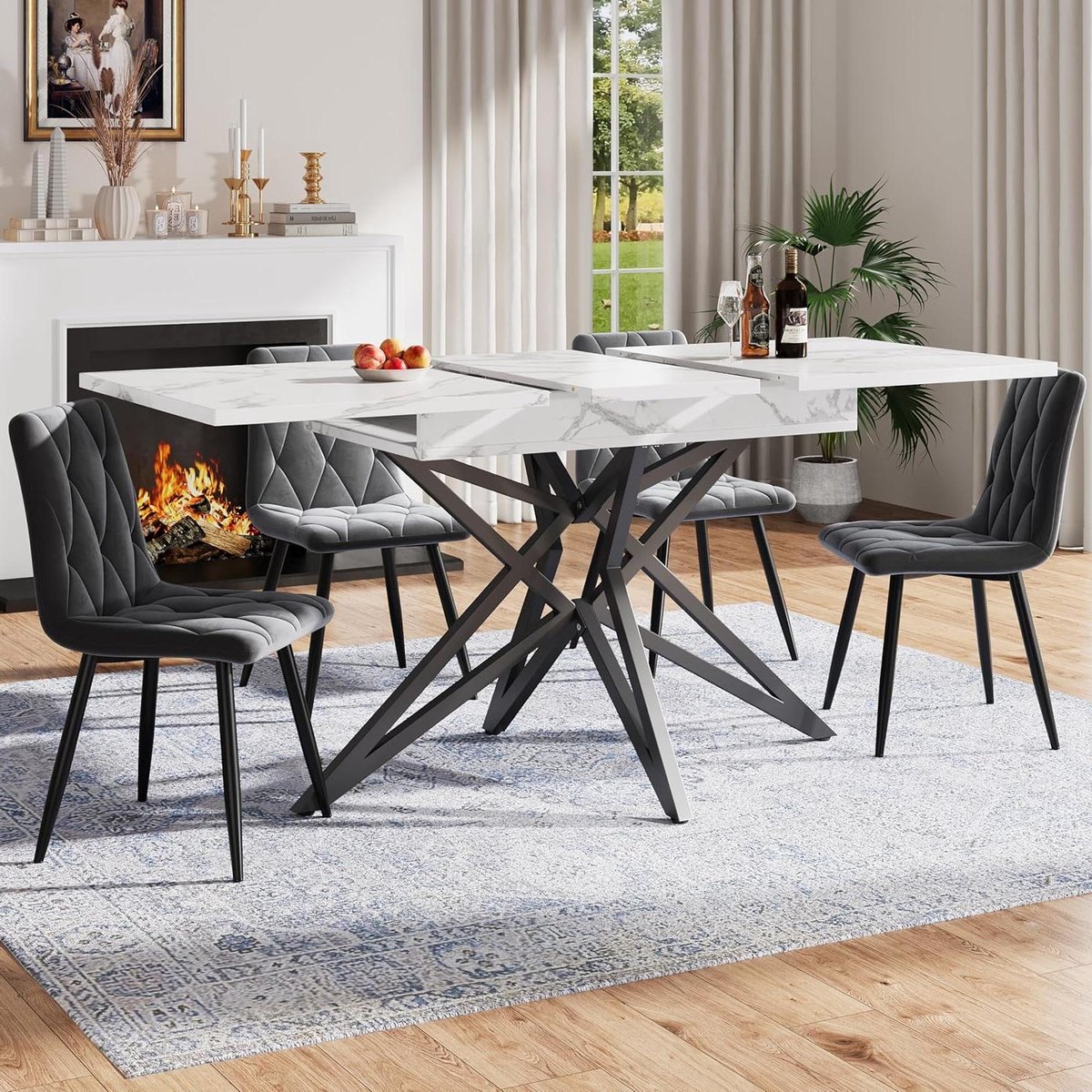 Eettafel Set - Eetkamerset Stoelen - Samen Eten - Uitschuifbaar Marmerlook - 120-160 cm - Wit