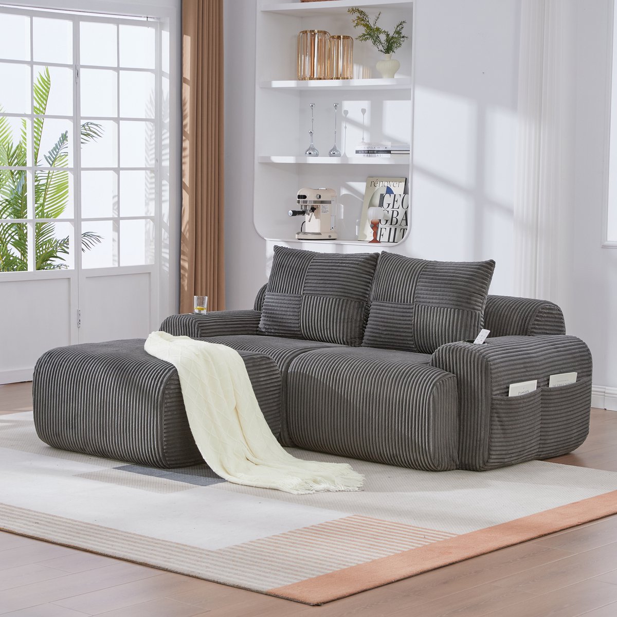 Zubaliya 2-Zits Bank, L-Bank, Modulaire Corduroy Bank voor 2 Personen (met Krukjes), Hoekbank vrij te Combineren, Inclusief Bekerhouder en Zijopbergtas, Ideaal voor Woonkamers, Familiekamers en Andere Ruimtes-Donkergrijs