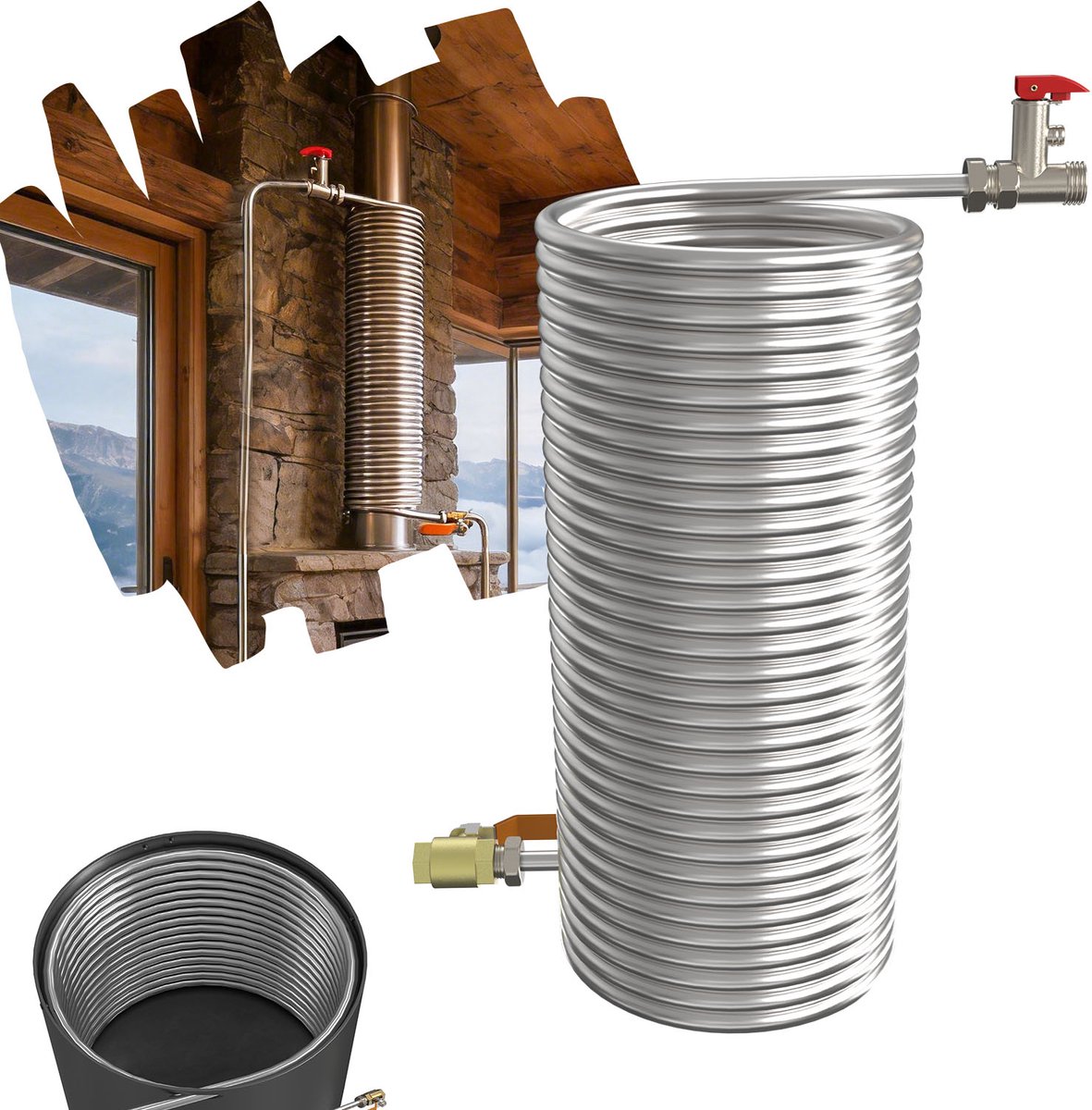 Froadp Ø12,5 cm rookkanaalverwarmingsspiraal van roestvrij staal voor het benutten van afvoergaswarmte, produceert warm water zonder stroom of gas, verlaagt de stookkosten. Geschikt voor levensmiddelen, hitte- en corrosiebestendig