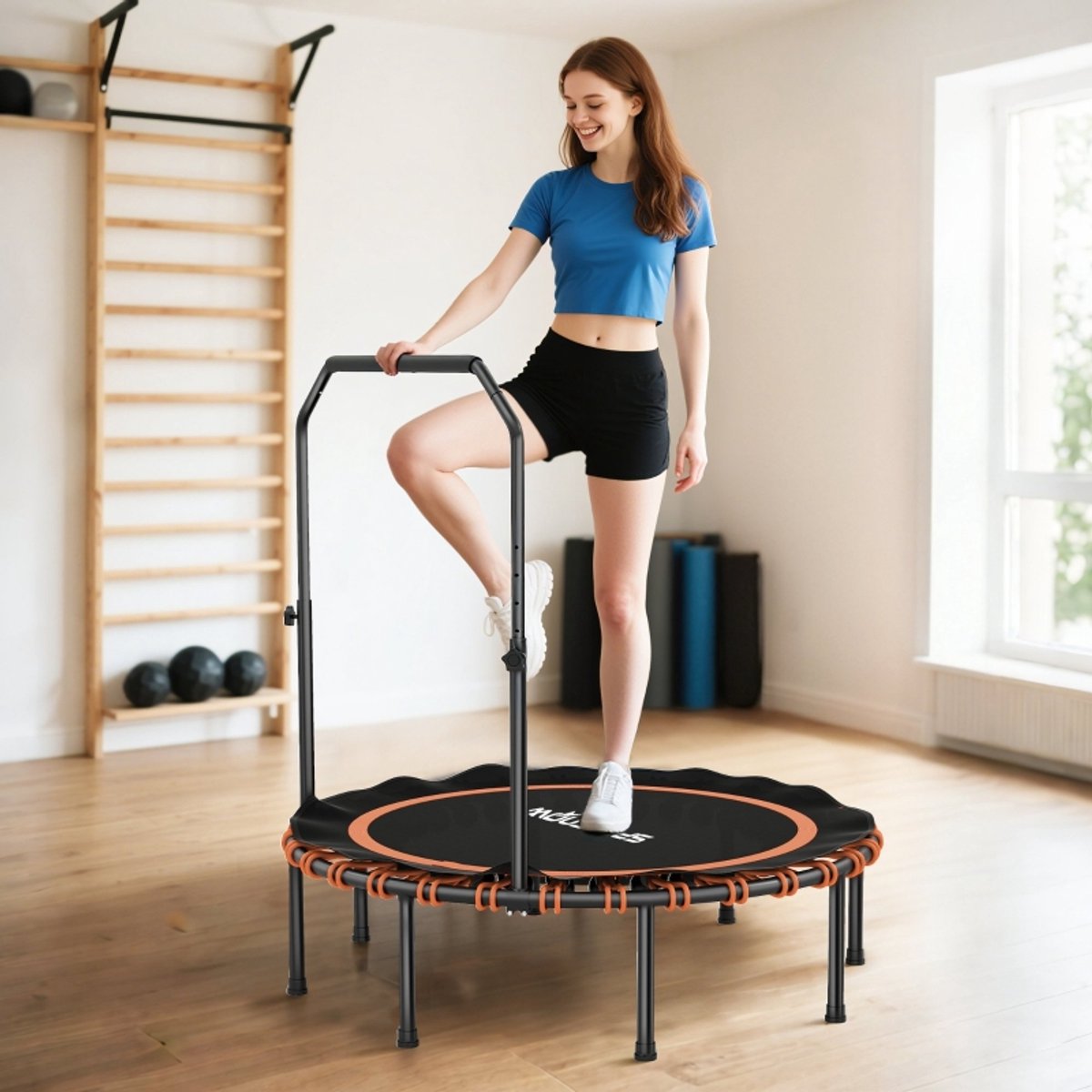 STILVORA Fitnesstrampoline – 122 cm – Verstelbare en Afneembare Handgreep – Staal en Kunststof – Zwart – Voor Binnen en Buiten