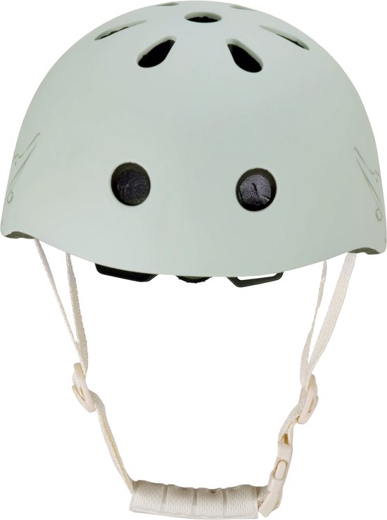 Lichtgroene kinderhelm met ventilatiegaten en witte bandjes.