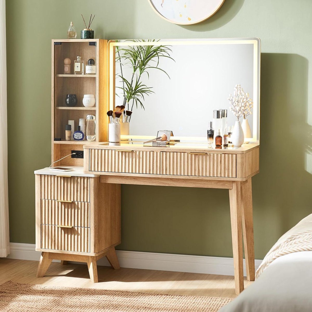 Kaptafel met spiegel - Make-up tafel - Schoonheidsroutine - Verstelbare verlichting - 122 cm breed - Eiken