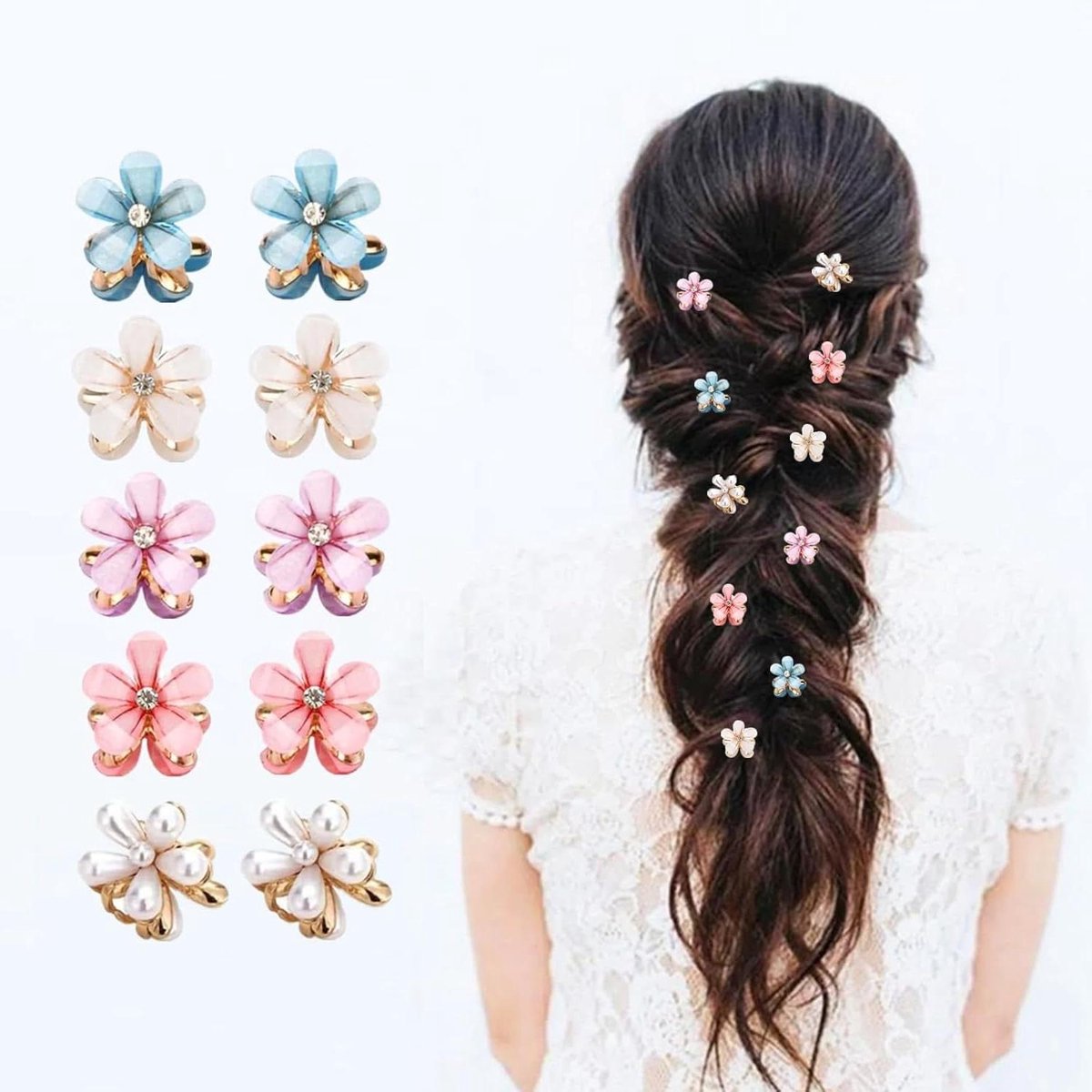 Bloem Haarclips - Parelklemmen - Dagelijks gebruik - Mini strass details - 10 stuks - Multicolor