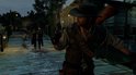 Man met cowboyhoed en geweer, die zich omdraait op een houten brug, met zombies die achter hem aan rennen in de schemering.