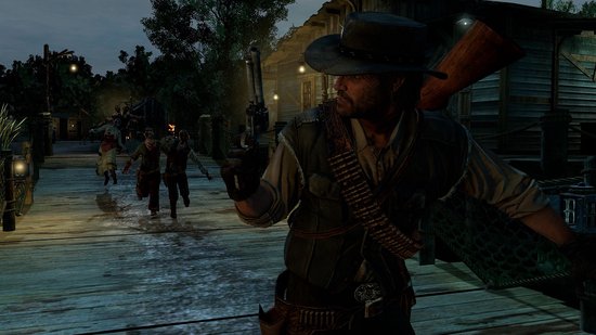 Man met cowboyhoed en geweer, die zich omdraait op een houten brug, met zombies die achter hem aan rennen in de schemering.