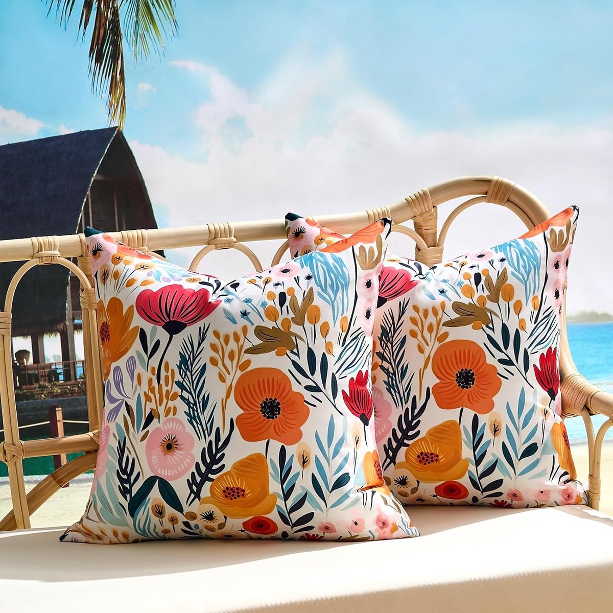 Set van 2 waterdichte buitenkussens, roze oranje bloem boerderij gooien kussens, vierkante decoratieve lente zomer bloemen afdrukken indoor kussens voor patio tent bed bank woonkamer