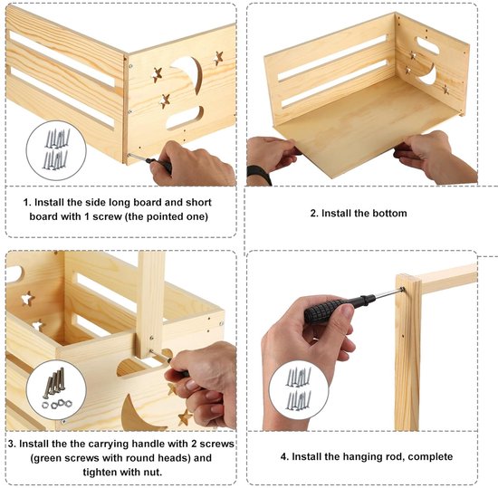Montagehandleiding voor houten kist met handvat, inclusief stappen voor installatie van zijpanelen, bodem en hangrek.