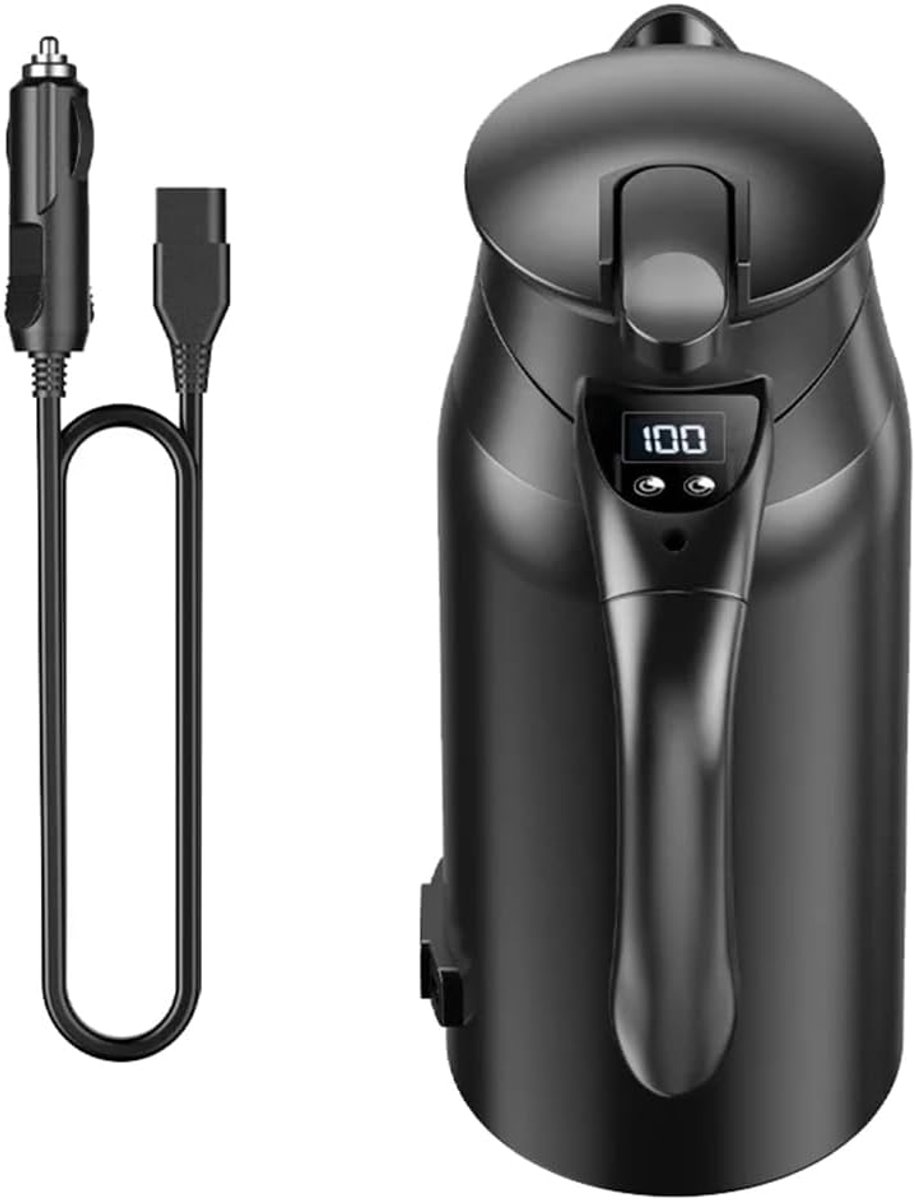 Autowaterkoker 12V/24V – Draagbare roestvrijstalen waterkoker met LED-temperatuurweergave – 800 ml inhoud – Dubbelwandig 304 roestvrij staal – Snel verwarmen voor reizen en kamperen – Automatische uitschakeling & droogkookbeveiliging – Zwart