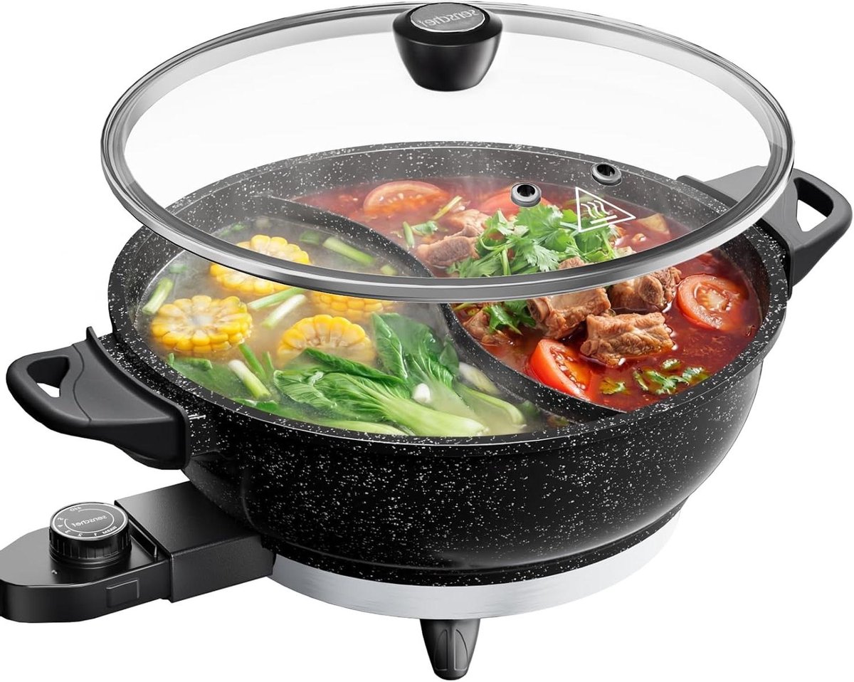 Elektrische Kookpan Dubbele Smaakpan Gezellig Tafelen Twee Bouillons Tegelijk 4 Liter Inhoud Zwart