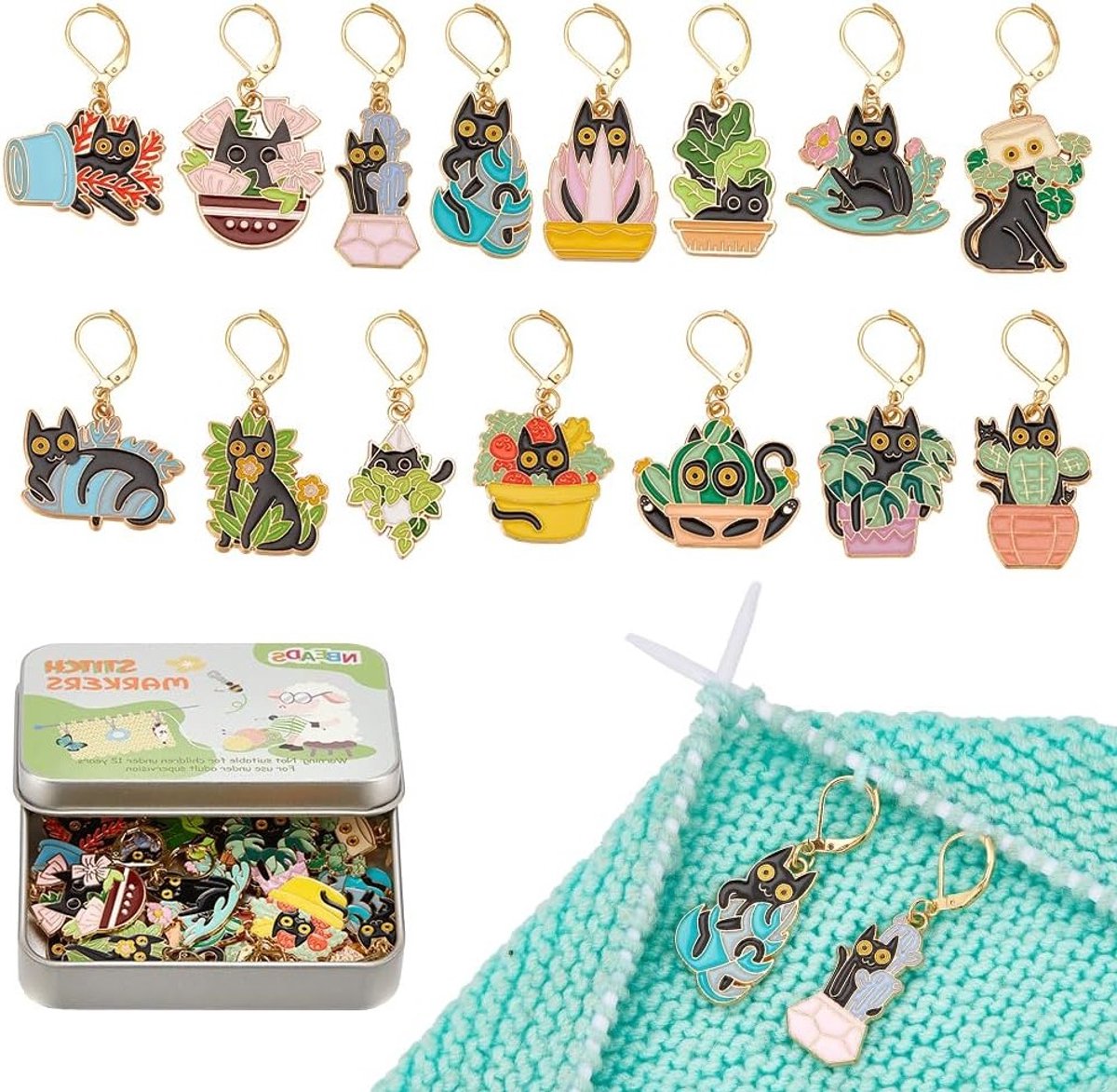 15-delige set katten met planten mesh markeringen, emaille haken en vergrendelbare accessoires voor het markeren van richtingen en creatief knutselen