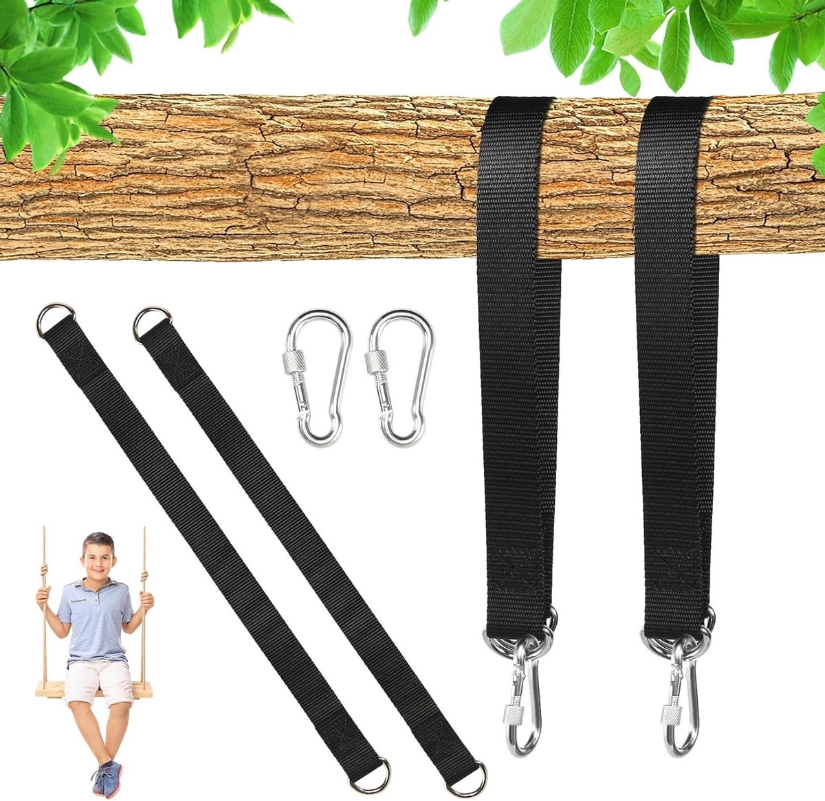 4 Stuks Swing Bevestiging met 4 Karabiners en D-Ringen, Hangstoel Bevestiging voor Tuin, Buitenspeelgoed en Schommels
