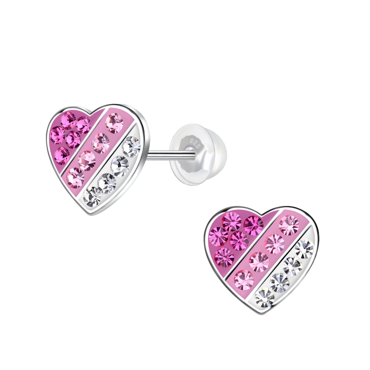 K3 - zilveren oorstekers - K3 hartjes met roze kristallen - 8 mm