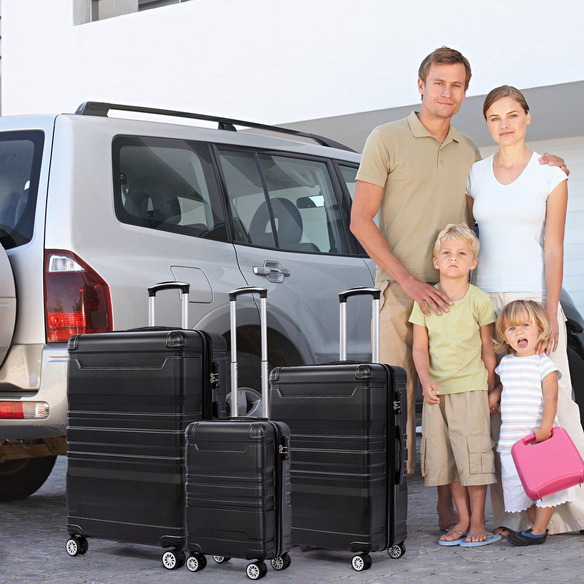 3-delige Kofferset - ABS kofferset - M / L / XL - 360° Wielen – Harde Schaal, TSA, Expandable- Zwart