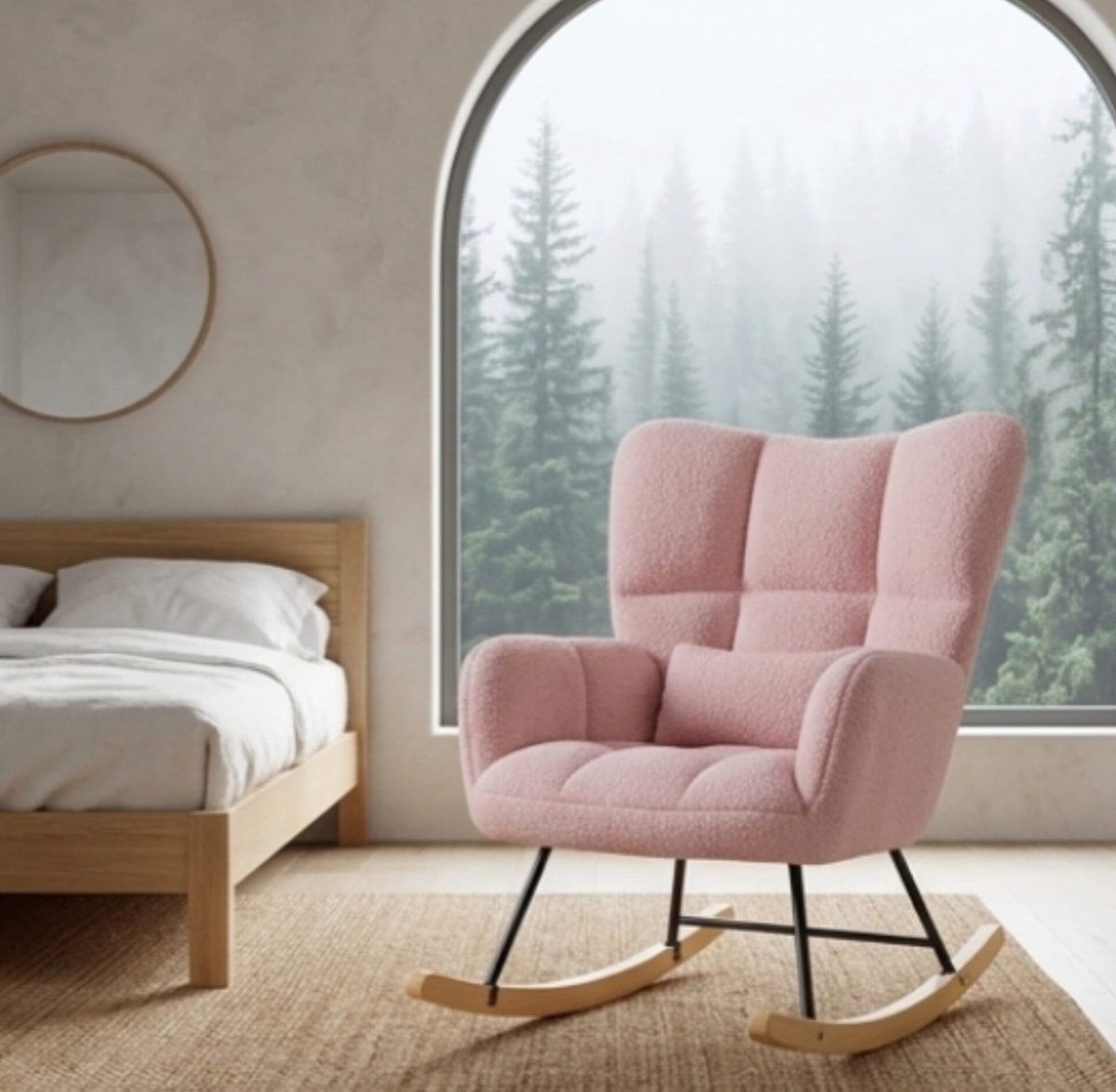 Schommelstoel 90x71x97 cm – luxe teddy bouclé relaxstoel met hoge rugleuning en voetenbank – comfortabele loungestoel met armleuningen voor woonkamer en slaapkamer – roze – Urbanhome